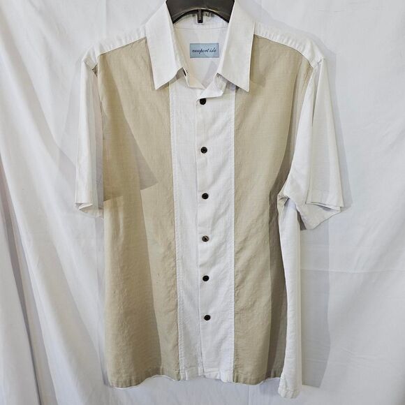 Newport Isle Other - #0243 Newport Isle Mens Two Tone Beige White Short Sleeve Panel Camp Shirt